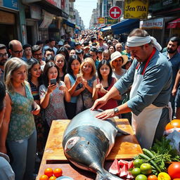 A bustling street scene where a crowd of people gathers, watching in amazement as a skilled chef fillets a large, fresh tuna fish on a vibrant outdoor market setup