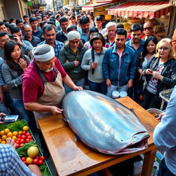 A bustling street scene where a crowd of people gathers, watching in amazement as a skilled chef fillets a large, fresh tuna fish on a vibrant outdoor market setup