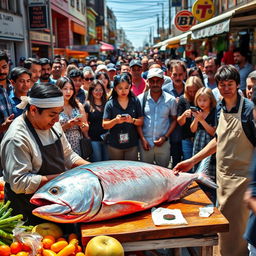 A bustling street scene where a crowd of people gathers, watching in amazement as a skilled chef fillets a large, fresh tuna fish on a vibrant outdoor market setup