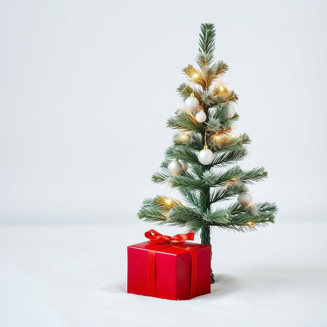 A minimalistic Christmas scene featuring a simple, elegant Christmas tree decorated with white lights and a few delicate ornaments on a snowy white background