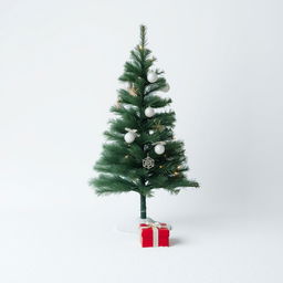A minimalistic Christmas scene featuring a simple, elegant Christmas tree decorated with white lights and a few delicate ornaments on a snowy white background