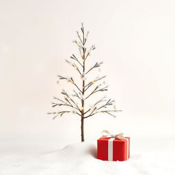 A minimalistic Christmas scene featuring a simple, elegant Christmas tree decorated with white lights and a few delicate ornaments on a snowy white background