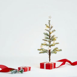 A minimalistic Christmas scene featuring a simple, elegant Christmas tree decorated with white lights and a few delicate ornaments on a snowy white background