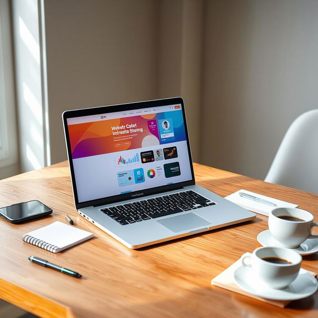 A sleek, modern laptop displaying a vibrant website design on its screen, set on a stylish wooden desk