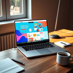 A sleek, modern laptop displaying a vibrant website design on its screen, set on a stylish wooden desk