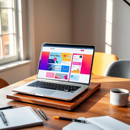 A sleek, modern laptop displaying a vibrant website design on its screen, set on a stylish wooden desk
