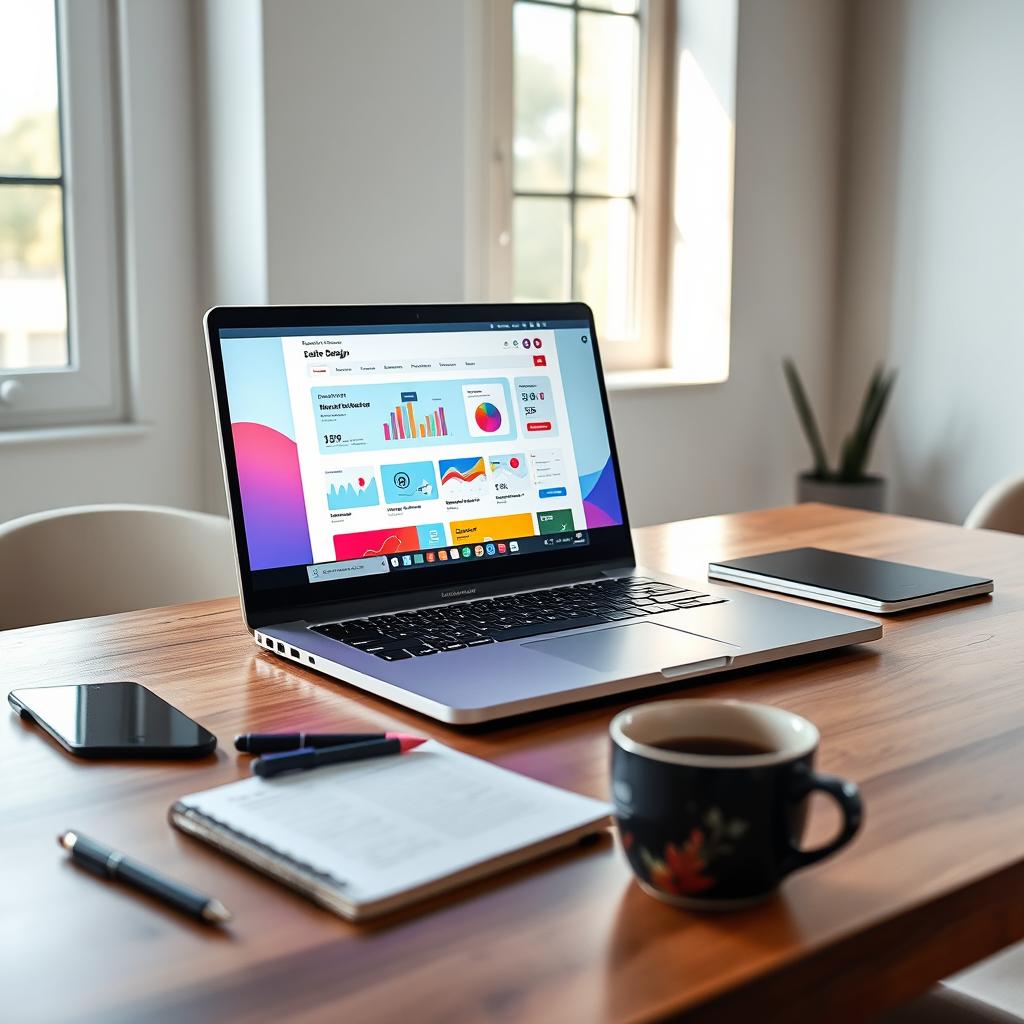 A sleek, modern laptop displaying a vibrant website design on its screen, set on a stylish wooden desk