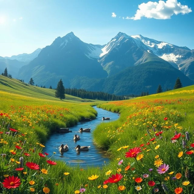 A serene landscape featuring a lush green meadow under a clear blue sky, dotted with vibrant wildflowers in shades of red, yellow, and purple