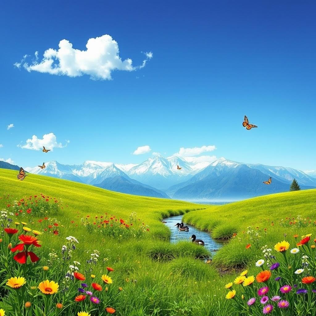 A serene landscape featuring a lush green meadow under a clear blue sky, dotted with vibrant wildflowers in shades of red, yellow, and purple