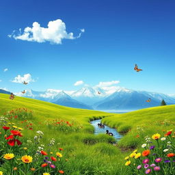 A serene landscape featuring a lush green meadow under a clear blue sky, dotted with vibrant wildflowers in shades of red, yellow, and purple