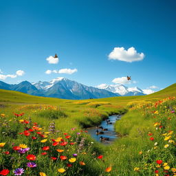 A serene landscape featuring a lush green meadow under a clear blue sky, dotted with vibrant wildflowers in shades of red, yellow, and purple