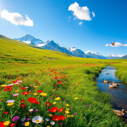 A serene landscape featuring a lush green meadow under a clear blue sky, dotted with vibrant wildflowers in shades of red, yellow, and purple