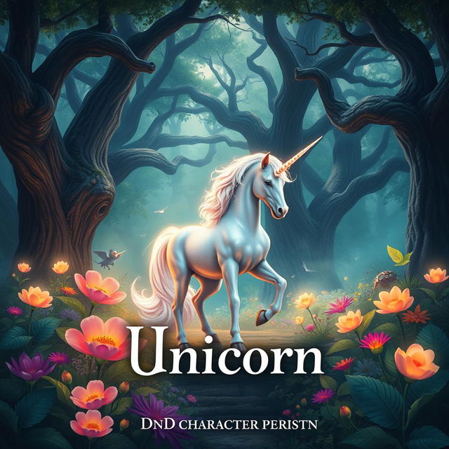 A stunning book cover design featuring a mystical unicorn standing gracefully in a magical fantasy forest