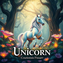 A stunning book cover design featuring a mystical unicorn standing gracefully in a magical fantasy forest