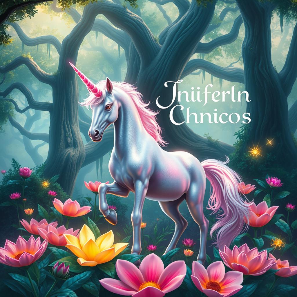 A stunning book cover design featuring a mystical unicorn standing gracefully in a magical fantasy forest