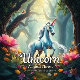 A stunning book cover design featuring a mystical unicorn standing gracefully in a magical fantasy forest