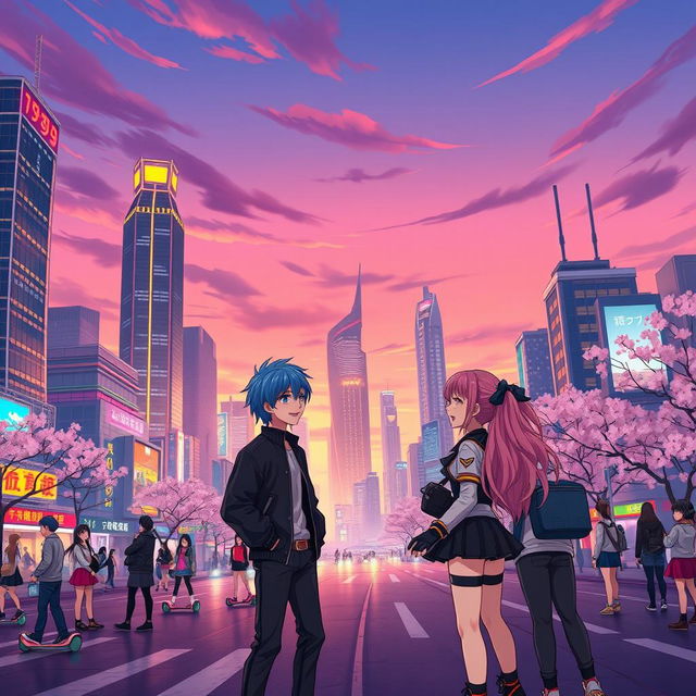 A vibrant anime cityscape at dusk with futuristic skyscrapers illuminated by neon lights