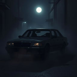 A scary car sitting in a dark, abandoned alley