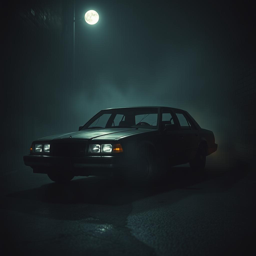 A scary car sitting in a dark, abandoned alley