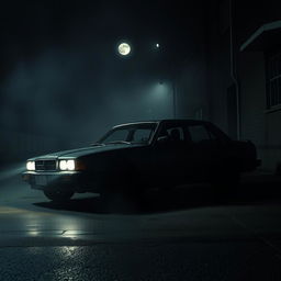 A scary car sitting in a dark, abandoned alley