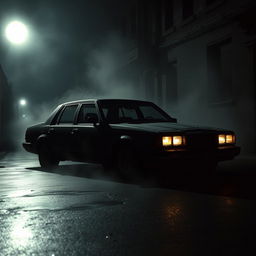 A scary car sitting in a dark, abandoned alley