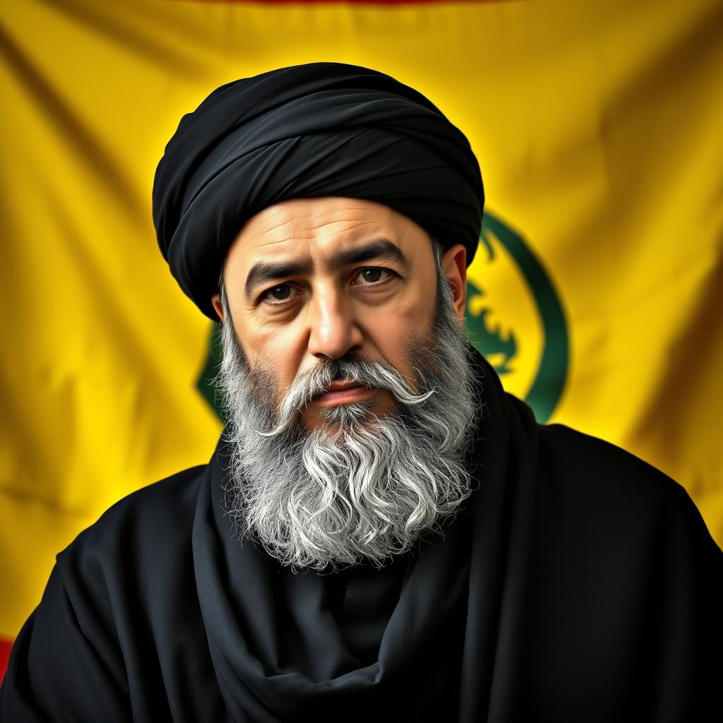 A portrait of Sayyed Hassan Nasrallah, the prominent leader of Hezbollah, set against a vibrant and detailed backdrop of the Hezbollah flag