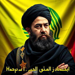 A portrait of Sayyed Hassan Nasrallah, the prominent leader of Hezbollah, set against a vibrant and detailed backdrop of the Hezbollah flag
