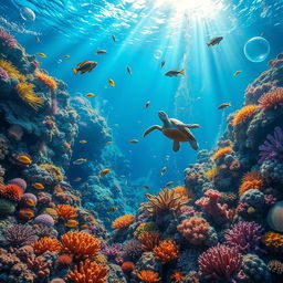 A vibrant underwater scene showcasing a colorful coral reef, filled with diverse marine life including tropical fish of various species, sea turtles gracefully gliding through the water, and the intricate textures of the corals in rich hues of blue, orange, yellow, and purple