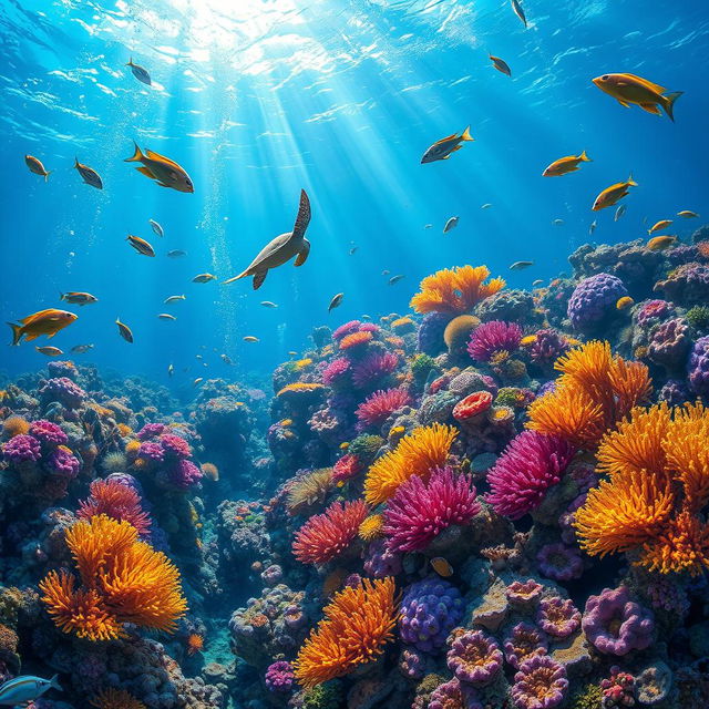 A vibrant underwater scene showcasing a colorful coral reef, filled with diverse marine life including tropical fish of various species, sea turtles gracefully gliding through the water, and the intricate textures of the corals in rich hues of blue, orange, yellow, and purple