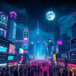 A stunning night view of a futuristic city skyline, glowing with vibrant neon lights in shades of blue, pink, and green
