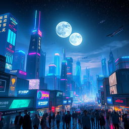 A stunning night view of a futuristic city skyline, glowing with vibrant neon lights in shades of blue, pink, and green