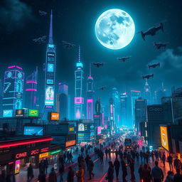 A stunning night view of a futuristic city skyline, glowing with vibrant neon lights in shades of blue, pink, and green