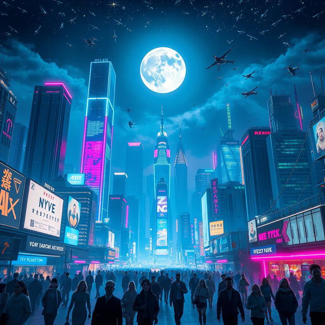 A stunning night view of a futuristic city skyline, glowing with vibrant neon lights in shades of blue, pink, and green