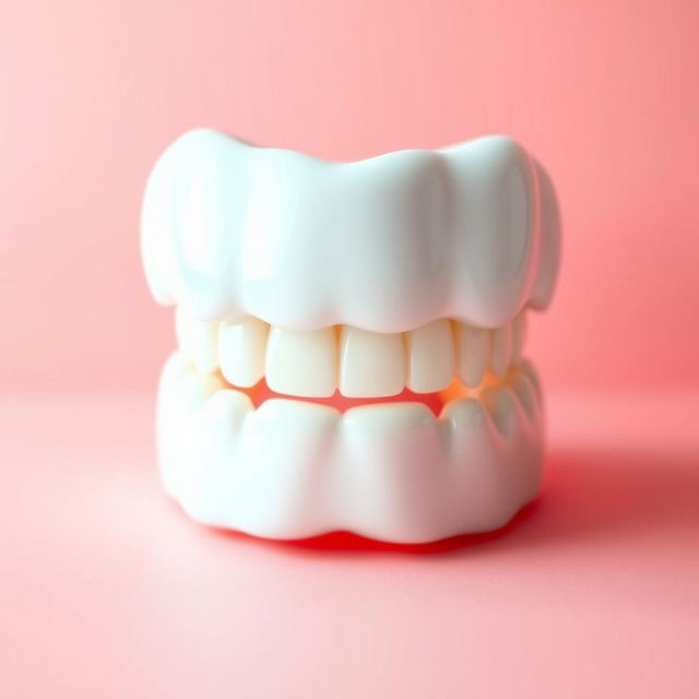 A vibrant and cheerful scene featuring a set of healthy, white teeth shining brightly, with a coral pink background that has a soft gradient effect