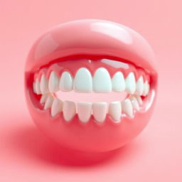 A vibrant and cheerful scene featuring a set of healthy, white teeth shining brightly, with a coral pink background that has a soft gradient effect