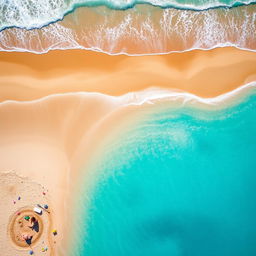 A beautiful aerial view of a serene beach scene, showcasing the vibrant blue sea gently lapping against a golden sandy shore