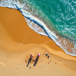 A beautiful aerial view of a serene beach scene, showcasing the vibrant blue sea gently lapping against a golden sandy shore