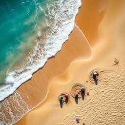 A beautiful aerial view of a serene beach scene, showcasing the vibrant blue sea gently lapping against a golden sandy shore