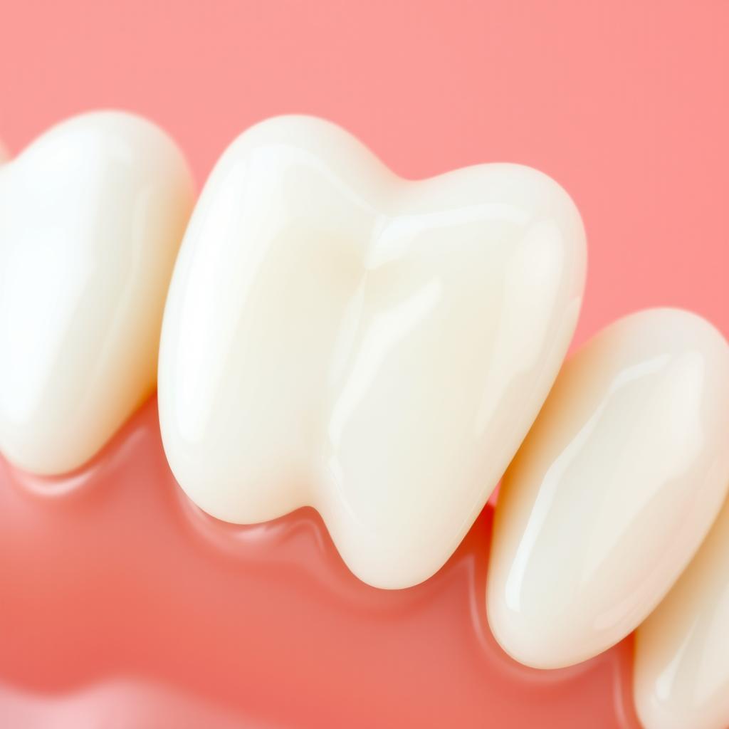 A close-up image of healthy, realistic teeth with a natural appearance, displayed against a soft coral pink background