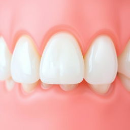 A close-up image of healthy, realistic teeth with a natural appearance, displayed against a soft coral pink background