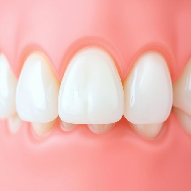 A close-up image of healthy, realistic teeth with a natural appearance, displayed against a soft coral pink background