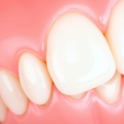 A close-up image of healthy, realistic teeth with a natural appearance, displayed against a soft coral pink background