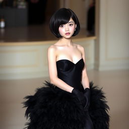 A white girl with short black hair wearing a long black dress with a strapless design, which is attached to a fluffy black skirt