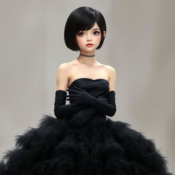 A white girl with short black hair wearing a long black dress with a strapless design, which is attached to a fluffy black skirt