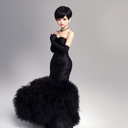 A white girl with short black hair wearing a long black dress with a strapless design, which is attached to a fluffy black skirt
