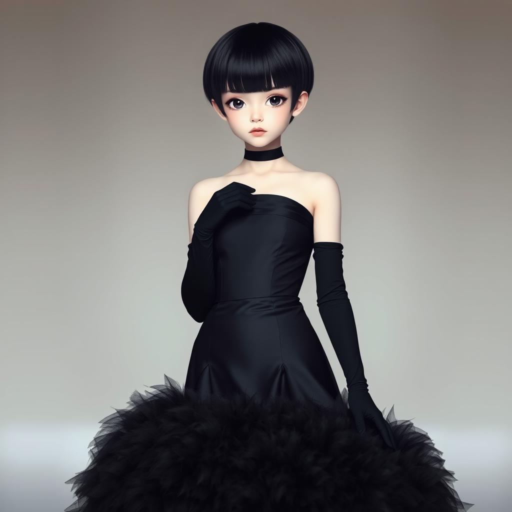 A white girl with short black hair wearing a long black dress with a strapless design, which is attached to a fluffy black skirt