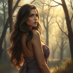 A beautiful woman with long, flowing hair and a confident pose, surrounded by a serene and elegant natural setting