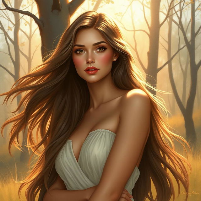 A beautiful woman with long, flowing hair and a confident pose, surrounded by a serene and elegant natural setting