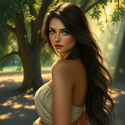 A beautiful woman with long, flowing hair and a confident pose, surrounded by a serene and elegant natural setting