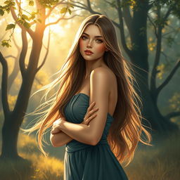 A beautiful woman with long, flowing hair and a confident pose, surrounded by a serene and elegant natural setting